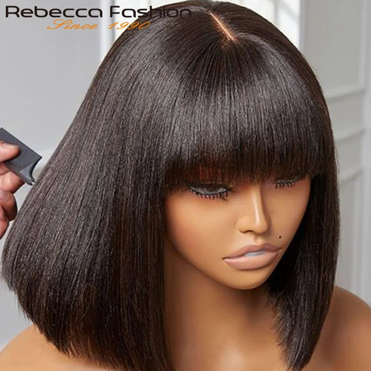 Glueless Straight Human Hair Wigs With Bangs Fringe Middle Part Bob Lace Wigs Realistic Scalp Brazilian Straight Bob Lace Wigs