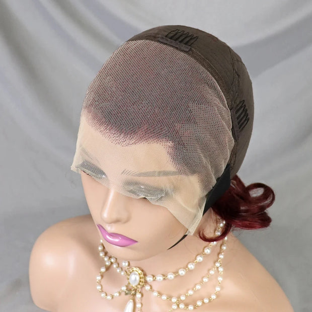 99J Burgundy Pixie Cut Wig Bob Wig 13x4 Transparent Full Lace Frontal Bouncy Curly Human Hair Wig for Black Women 180% Density