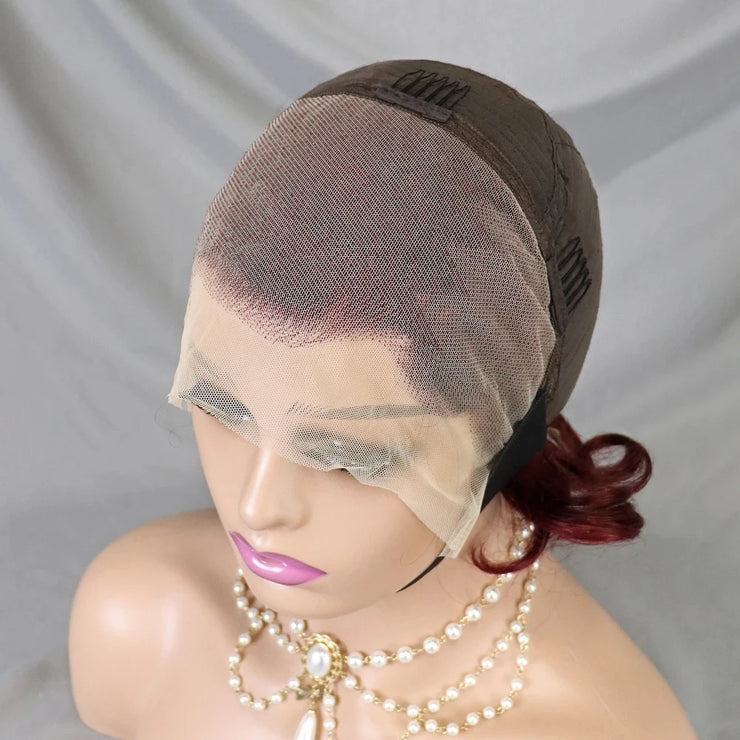 99J Burgundy Pixie Cut Wig Bob Wig 13x4 Transparent Full Lace Frontal Bouncy Curly Human Hair Wig for Black Women 180% Density