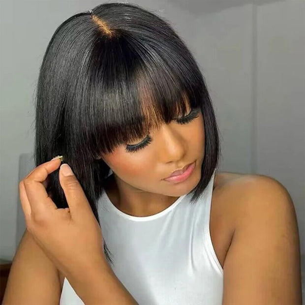 Glueless Straight Human Hair Wigs With Bangs Fringe Middle Part Bob Lace Wigs Realistic Scalp Brazilian Straight Bob Lace Wigs