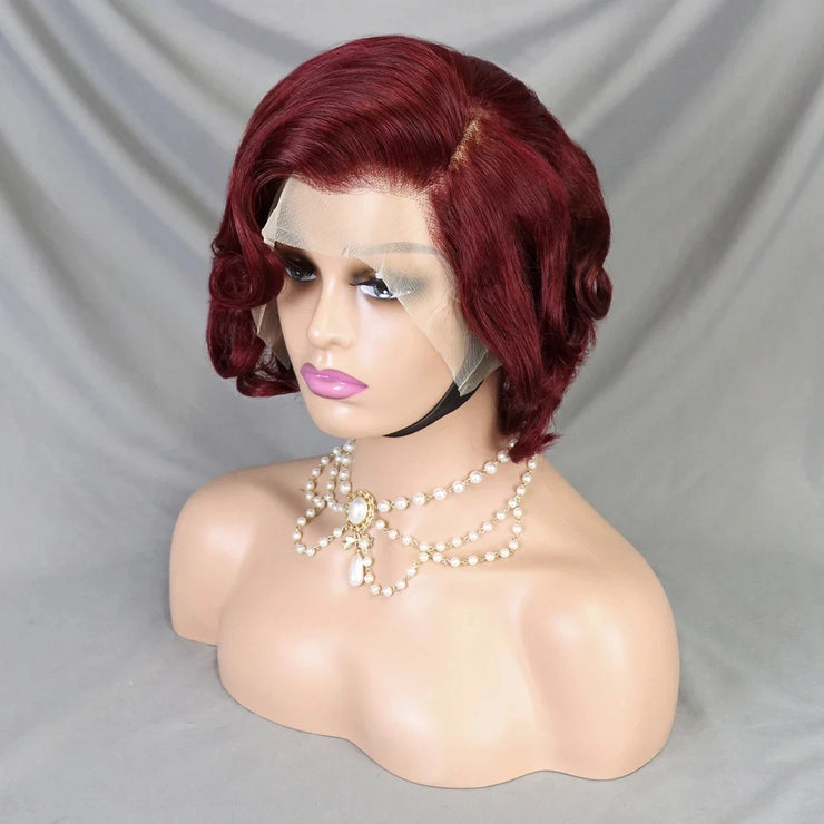 99J Burgundy Pixie Cut Wig Bob Wig 13x4 Transparent Full Lace Frontal Bouncy Curly Human Hair Wig for Black Women 180% Density