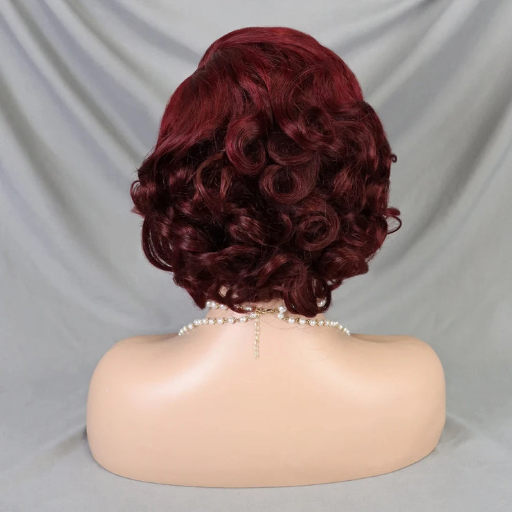 99J Burgundy Pixie Cut Wig Bob Wig 13x4 Transparent Full Lace Frontal Bouncy Curly Human Hair Wig for Black Women 180% Density