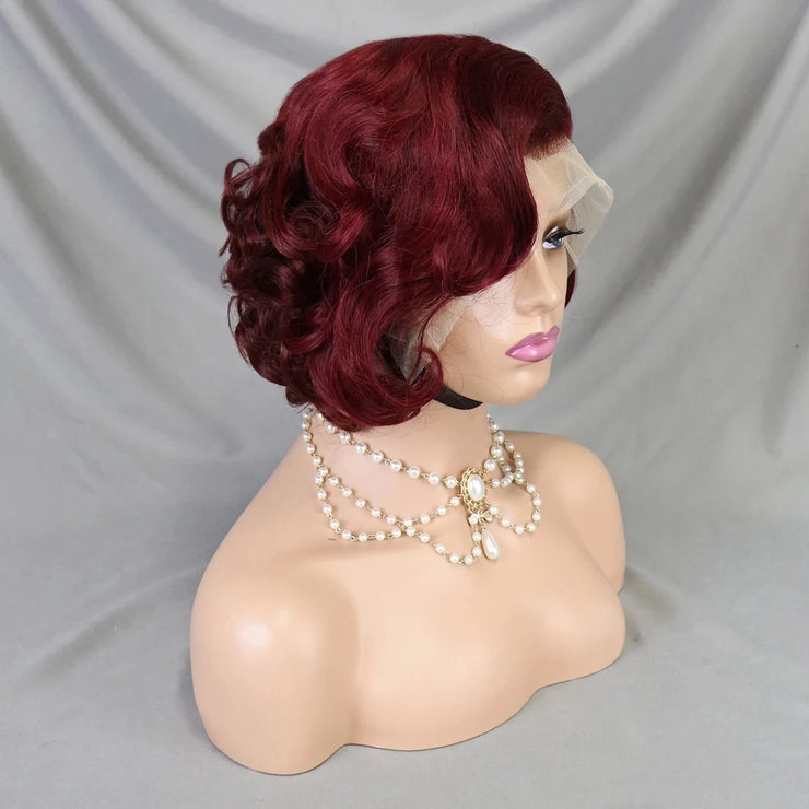 99J Burgundy Pixie Cut Wig Bob Wig 13x4 Transparent Full Lace Frontal Bouncy Curly Human Hair Wig for Black Women 180% Density