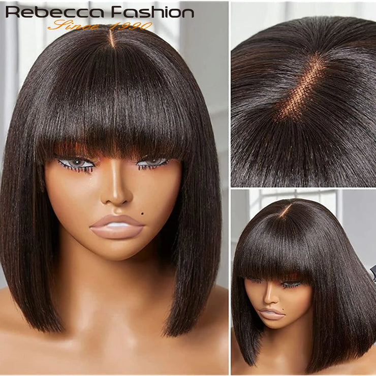 Glueless Straight Human Hair Wigs With Bangs Fringe Middle Part Bob Lace Wigs Realistic Scalp Brazilian Straight Bob Lace Wigs