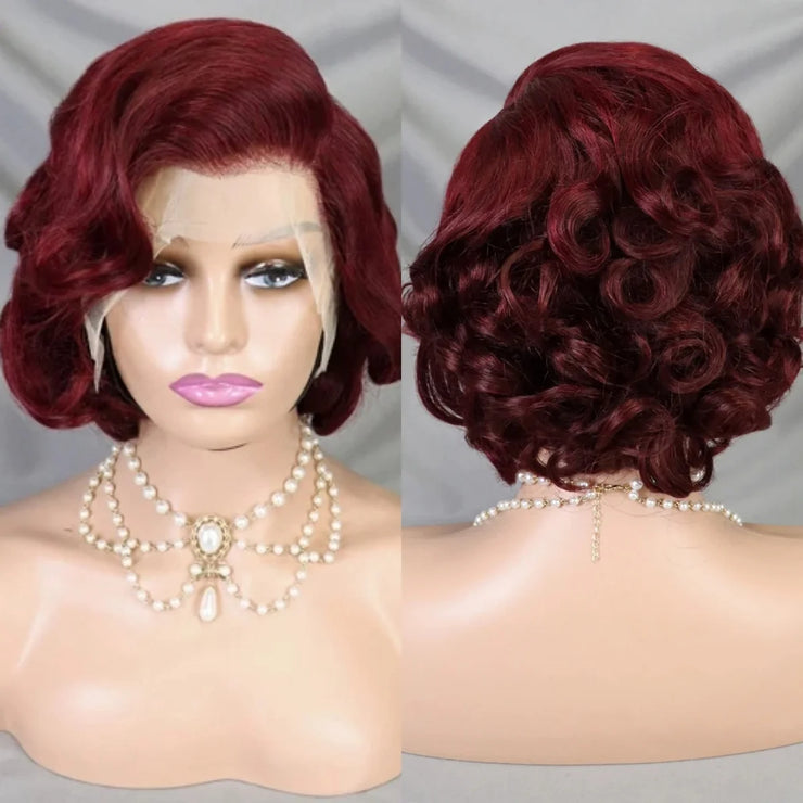 99J Burgundy Pixie Cut Wig Bob Wig 13x4 Transparent Full Lace Frontal Bouncy Curly Human Hair Wig for Black Women 180% Density