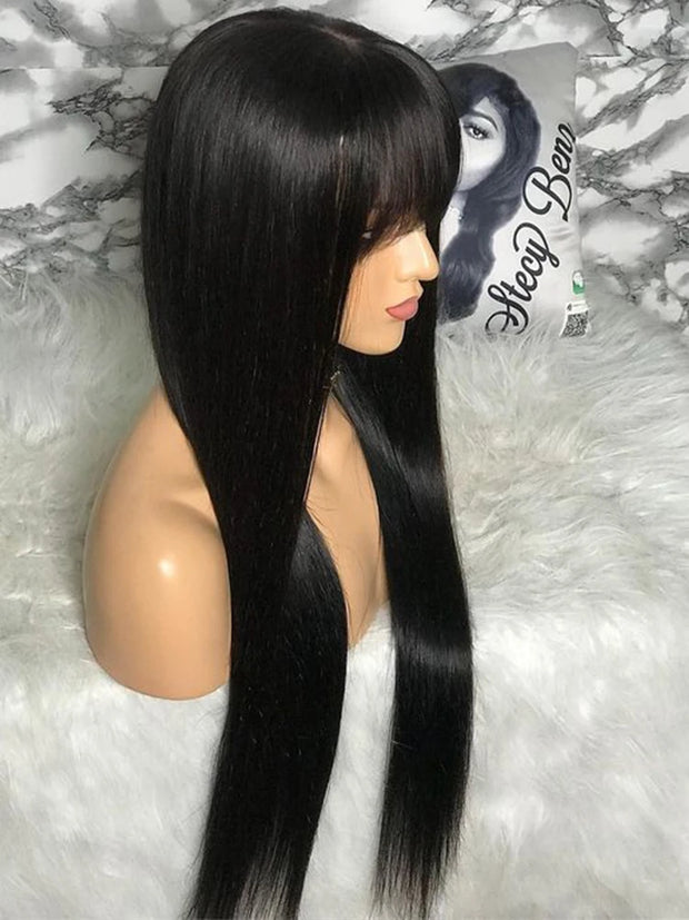 Wig With Bangs Human Hair Short Bob Wigs For Black Women Brazilian Full Bone Straight Cheap 30 Inch 100% Human Bang Fringe Wig