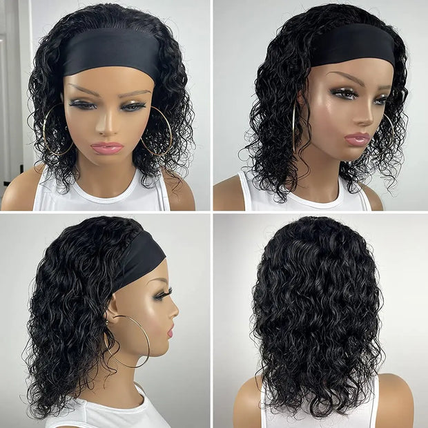 Short Water Wave Bob Headband Wig Natural Wave Short Bob Wigs for Women Synthetic Hair Wavy Scarf Wig with Headband