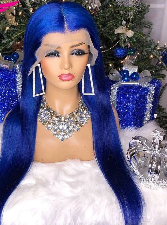 Blue Color 13x4 Lace Front Wigs PrePlucked Colored Blue 180% Density Brazilian Remy Straight Human Hair Wigs for Women