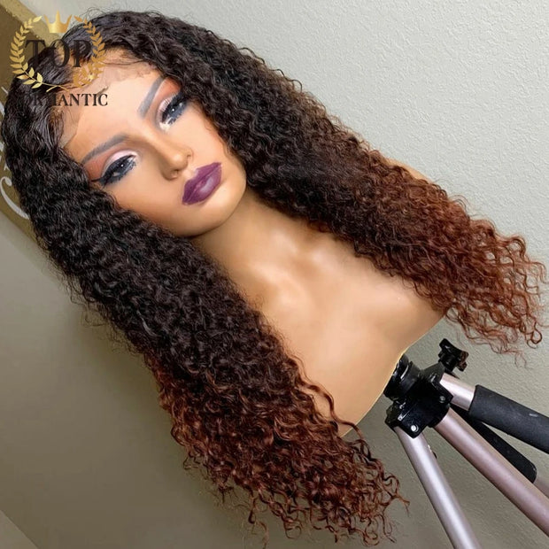 Ombre Brown Color Remy Human Hair 13x4 Lace Front Wigs for Women 4x4 Closure Deep Curly Wig Preplucked Hairline