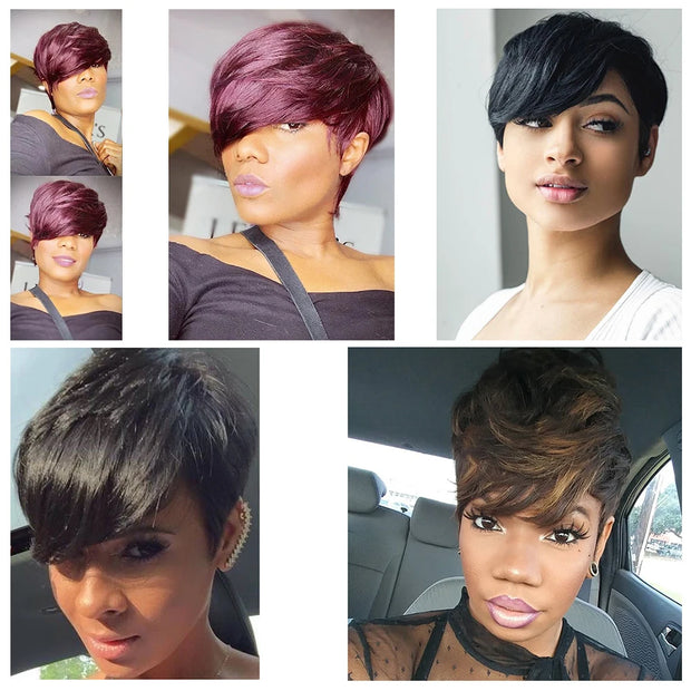 Wear Go Glueless Short Human Hair Wigs Pixie Cut Straight Remy Brazilian Hair for Black Women Highlight Color Cheap Glueless Wig