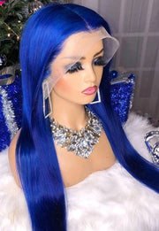 Blue Color 13x4 Lace Front Wigs PrePlucked Colored Blue 180% Density Brazilian Remy Straight Human Hair Wigs for Women