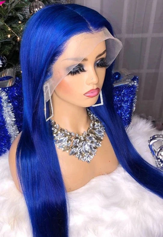 Blue Color 13x4 Lace Front Wigs PrePlucked Colored Blue 180% Density Brazilian Remy Straight Human Hair Wigs for Women