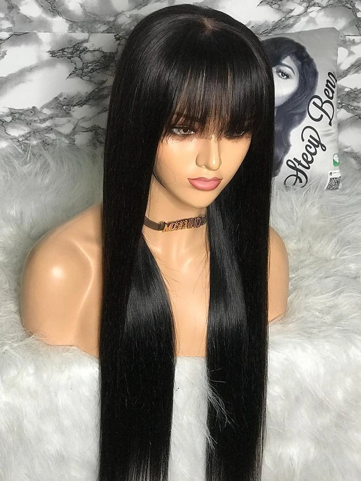 Wig With Bangs Human Hair Short Bob Wigs For Black Women Brazilian Full Bone Straight Cheap 30 Inch 100% Human Bang Fringe Wig