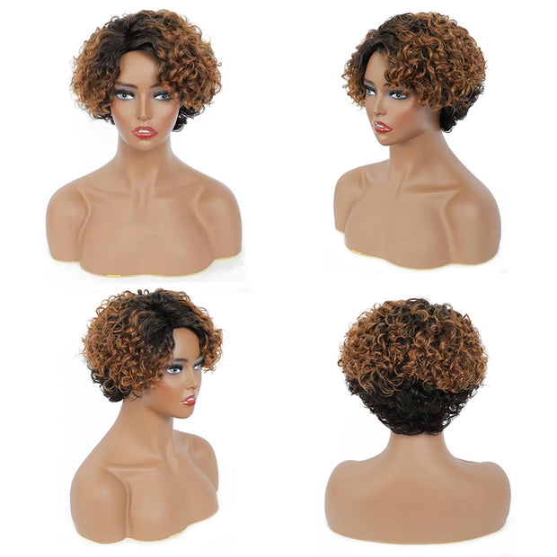 Pixie curly Dark Blonde Short Human Hair Wig HighLight 1b/burgundy Fanmi Glueless Full No lace Wigs For Women