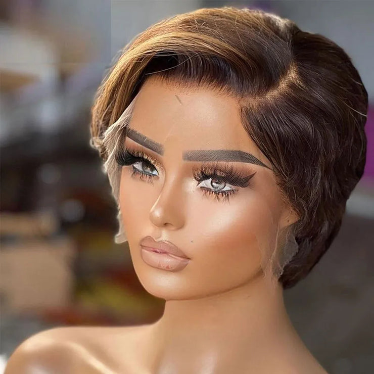 Ginger Pixie Cut Wig Short Bob Wig Highlight Side Part Transparent Lace Wig Pre plucked Straight Human Hair Wigs For Women 180%