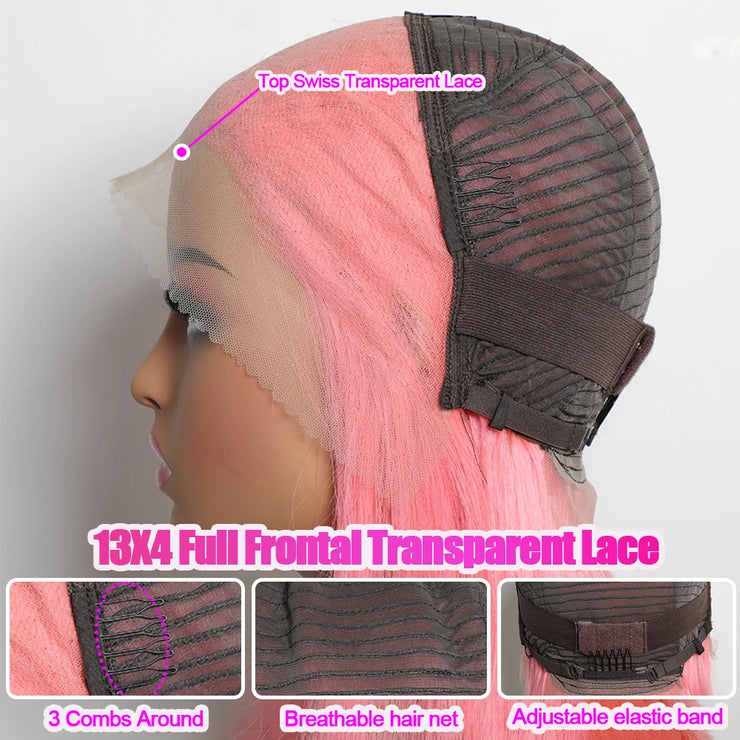 Pink Color Blunt Cut Short Straight Glueless Bob Wig 180% Density 13×4 Lace Front Wig Brazilian Remy Wear And Go Human Hair Wigs