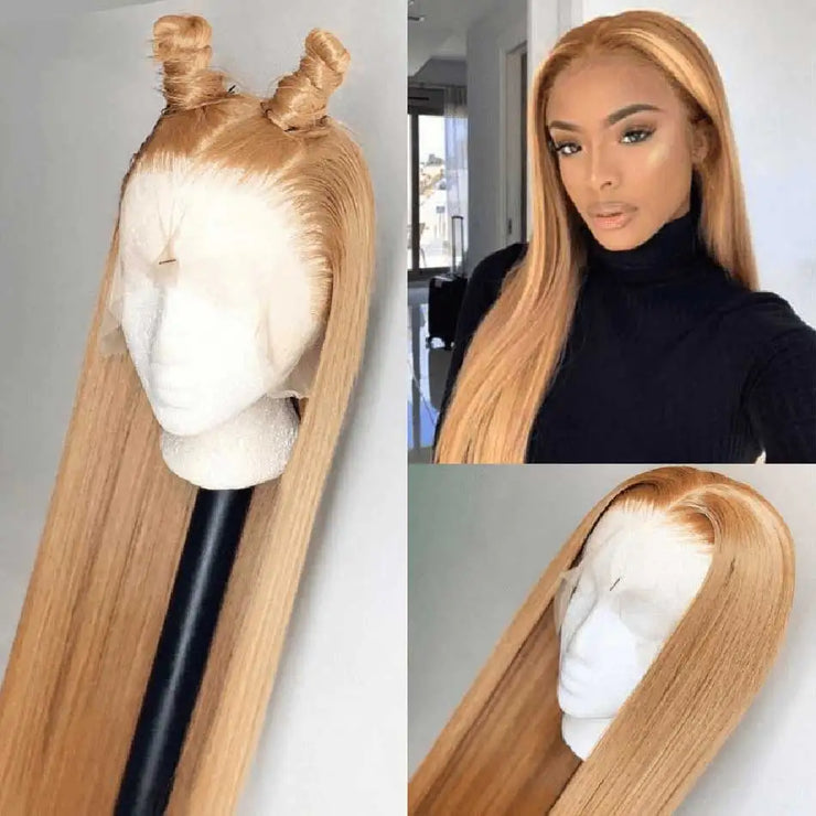 27# Honey Blonde Colored Human Hair Frontal Wigs Straight Tuneful 180% 13x4 HD Transparent Lace Front Human Hair Wigs For Women