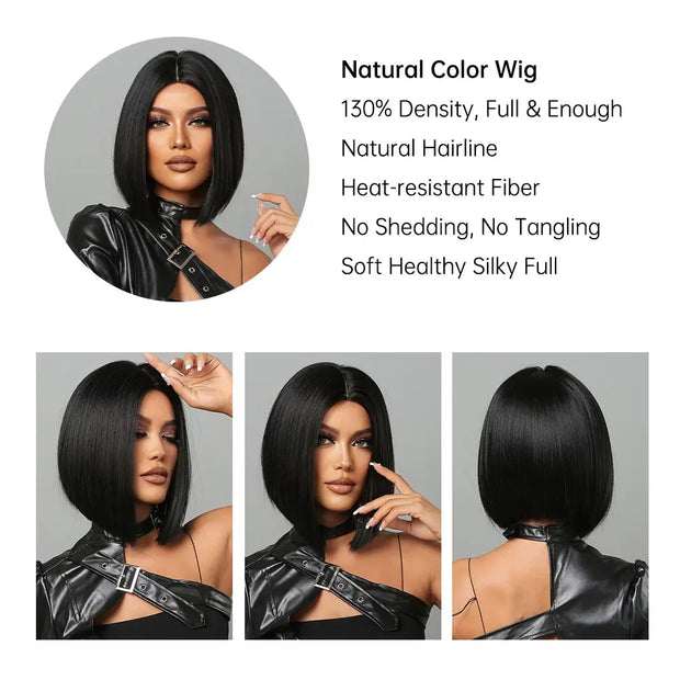 Natural Hairline Hair For Black Women Short Straight Bob Middle Part Heat Resistant Synthetic Wig For Daily Use Cosplay