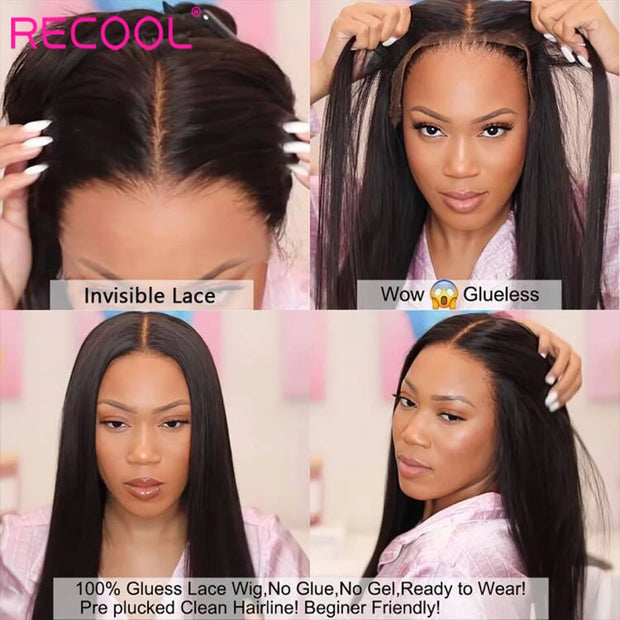 Recool Glueless Lace Front Human Hair Wigs Bone Straight Lace Front Wigs HD Lace Frontal Wig Wear & Go Glueless Wig Human Hair