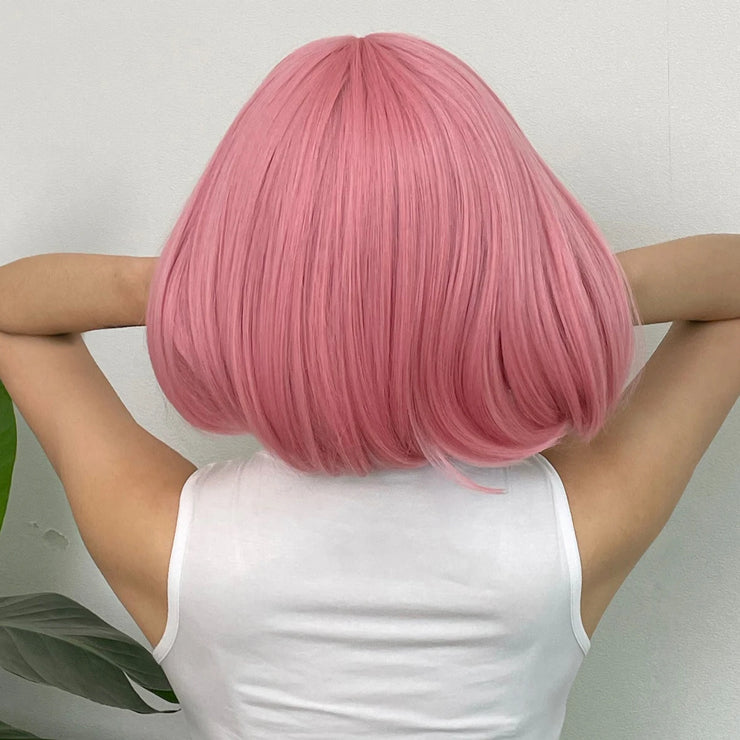 Pink Short Bob Straight Synthetic Wig with Bangs for Cosplay Lolita Fake Hair for White Women Party Natural Wig High Temperature