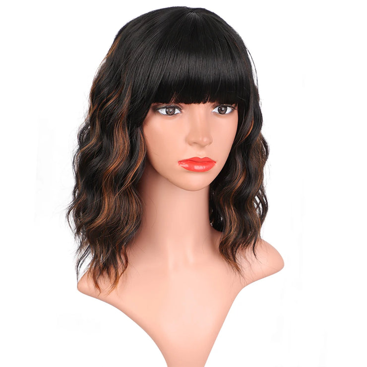 I's a wig Short Wavy Bob Wig with Bangs Wigs Shoulder Length Wigs for Black Women Synthetic Black Mixed Brown Wigs for Daily Use