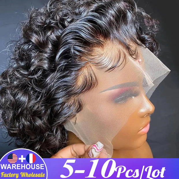 Wholesale 5-10 Pcs Short Pixie Bob Lace Wig Curly 13x1 Lace Closure Human Hair Wigs Remy Curly Lace Frontal Wig  Hair