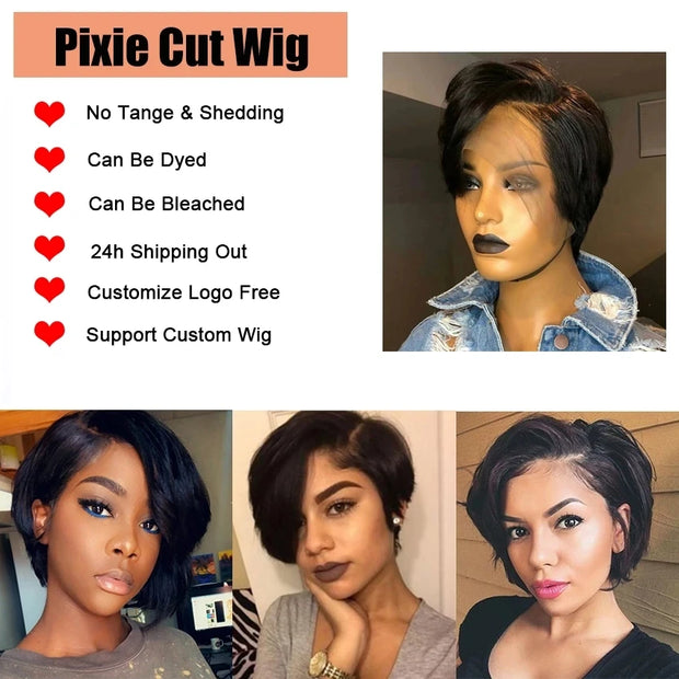 Women Pixie Cut Wigs for Black Women Brazilian T Part Lace Straight Bob Wigs Lace Front Wigs Short Lace Front Human Hair Wigs