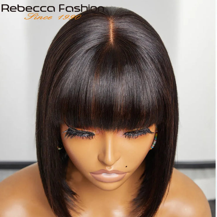 Glueless Straight Human Hair Wigs With Bangs Fringe Middle Part Bob Lace Wigs Realistic Scalp Brazilian Straight Bob Lace Wigs