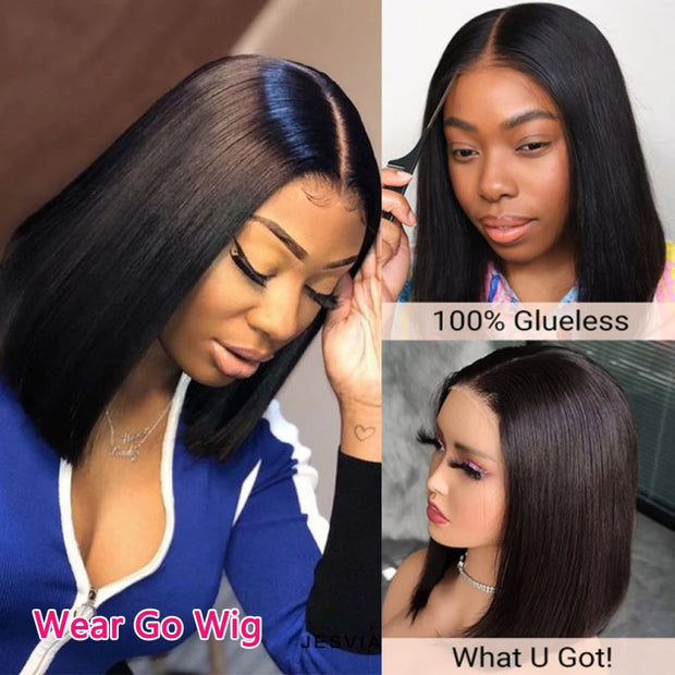 Wear and Go Glueless Wig Straight Short Bob Human Hair Wigs 13x4 HD Transparent Lace Frontal Peruvain Remy Hair Bob Glueless Wig