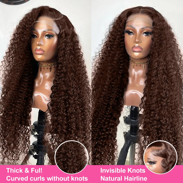 30 40 Inch Curly Chocolate Brown Color 13x6 Hd Transparent Lace Front Human Hair Wigs Deep Wave 13x4 Lace Frontal Wig