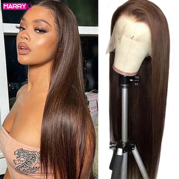 MARRYU Chocolate Brown HD Lace Frontal Wig Malaysia Straight Human Hair Wigs Colored Human Hair Wig 13x4 Lace Frontal Wig