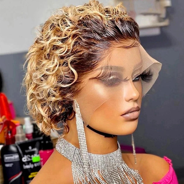 Pixie Cut Wig 99J Color Lace Wig Spring curl Short Bob Human Hair Wig For Women Natural Black Color Blonde Hair Cheap Wig