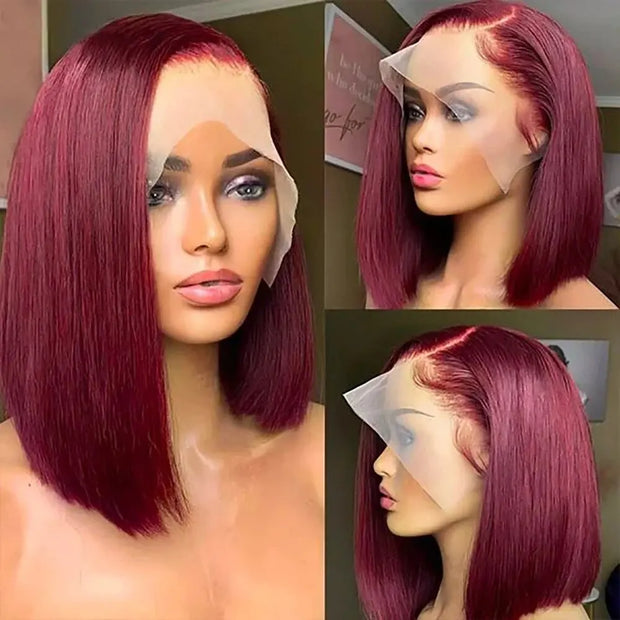 13x4 99J Short Bob Wig Human Hair Dark Red Burgundy Color Full Frontal Bob Wigs Blunt Cut Bone Straight Front For Black Woman