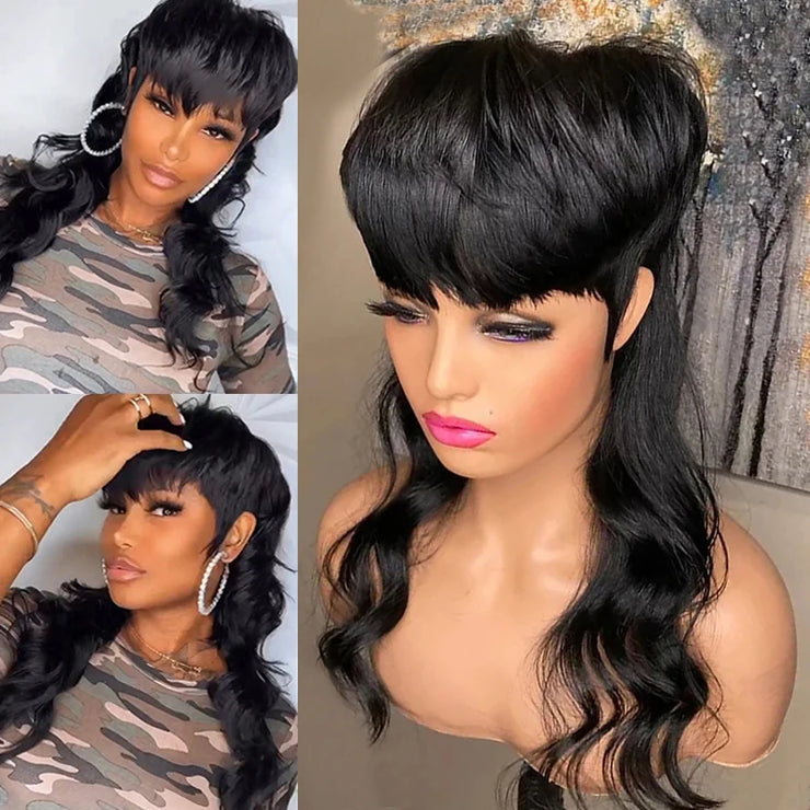 Full Machine Made Short Pixie Cut Wig With Bangs Glueless Wear And Go Brazilian Loose Curly Human Hair No Lace Wigs For Women