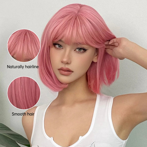 Pink Short Bob Straight Synthetic Wig with Bangs for Cosplay Lolita Fake Hair for White Women Party Natural Wig High Temperature