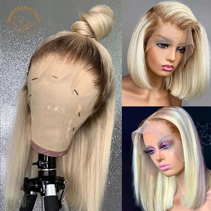 Ombre Blonde Bob Lace Front Human Hair Wigs 13X4 4/613 Honey Blonde Dark Root Colored Short Bob Lace Frontal Wig Closure Wig