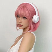 Pink Short Bob Straight Synthetic Wig with Bangs for Cosplay Lolita Fake Hair for White Women Party Natural Wig High Temperature