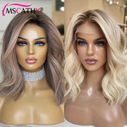 Ash Blonde Ombre Human Hair Wigs For Women Body Wave HD Transparent Lace Frontal Wig Brazilian Remy Hair Short Bob Wig Pre Pluck