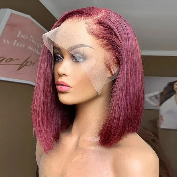 13x4 99J Short Bob Wig Human Hair Dark Red Burgundy Color Full Frontal Bob Wigs Blunt Cut Bone Straight Front For Black Woman