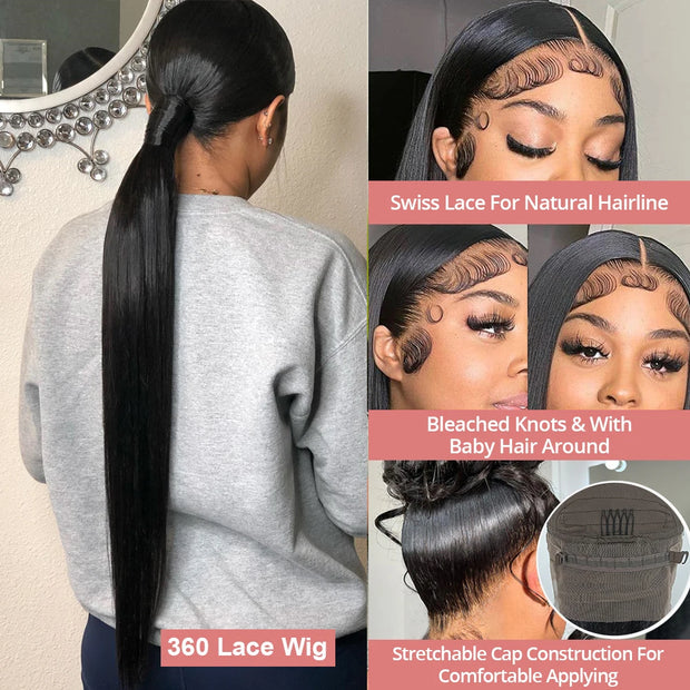 Bone Straight 360 Full Lace Wig Human Hair Pre Plucked Brazilian Hd Lace Frontal Wigs For Women Glueless Lace Frontal Wig 250%