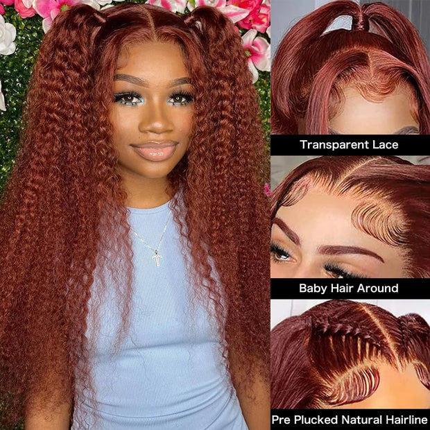 Reddish Brown Jerry Curly 13x4 Lace Front Wig 250%Remy Human Hair Wigs 13x6 Kinky Curly Glueless HD Transparent Lace Frontal Wig