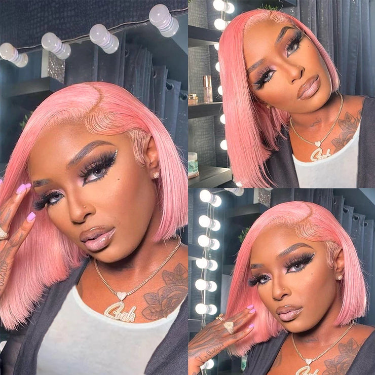 Pink Color Blunt Cut Short Straight Glueless Bob Wig 180% Density 13×4 Lace Front Wig Brazilian Remy Wear And Go Human Hair Wigs