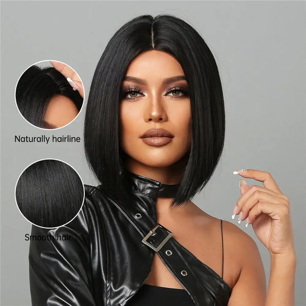 Natural Hairline Hair For Black Women Short Straight Bob Middle Part Heat Resistant Synthetic Wig For Daily Use Cosplay