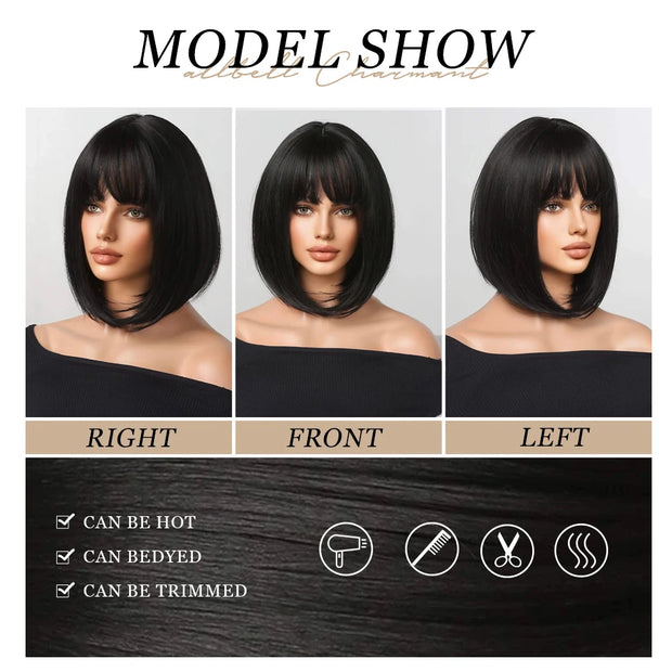 Bob Black Wigs Straight Cosplay Short Synthetic Daily Natural Looking Hair Wig with Bangs Heat Resistant Fiber for Women Afro