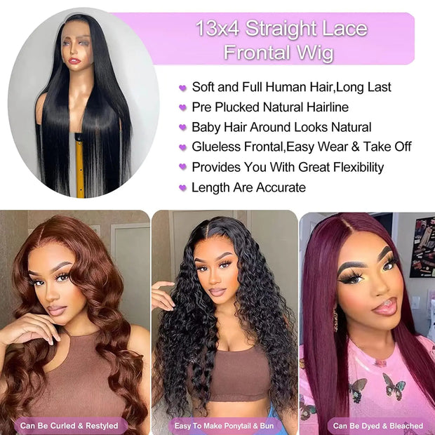 30 32 Inch Brazilian Bone Straight Transparent Lace Front Human Hair Wigs 13x4 13x6 360 Lace Frontal Wig  4X4 Lace Closure Wig