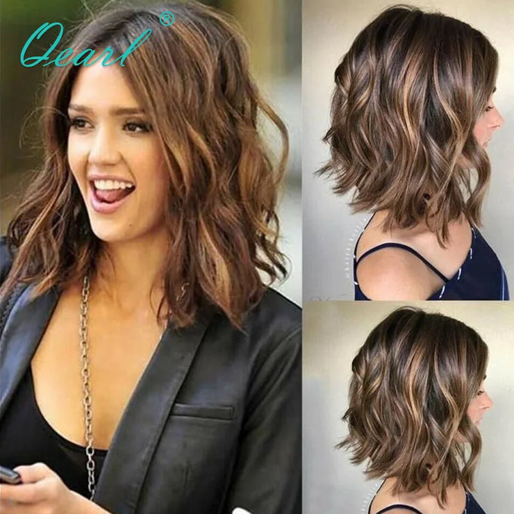 Ombre Short Bob Wavy Human Hair Lace Front Wigs HD Invisible 13X4 Lace Frontal Wig for Women Brown Honey Blonde Highlights Qearl