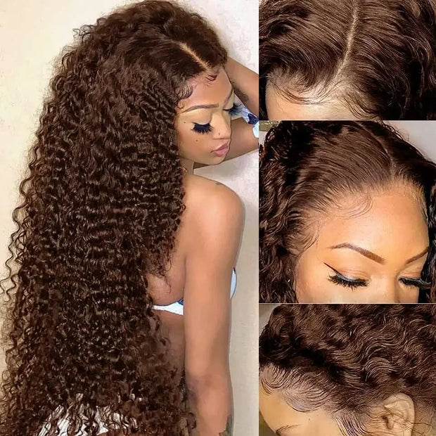 30 40 Inch Curly Chocolate Brown Color 13x6 Hd Transparent Lace Front Human Hair Wigs Deep Wave 13x4 Lace Frontal Wig