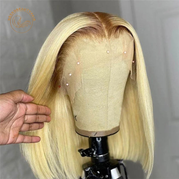 Ombre Blonde Bob Lace Front Human Hair Wigs 13X4 4/613 Honey Blonde Dark Root Colored Short Bob Lace Frontal Wig Closure Wig