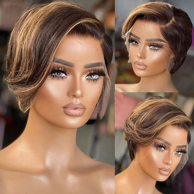 Ginger Pixie Cut Wig Short Bob Wig Highlight Side Part Transparent Lace Wig Pre plucked Straight Human Hair Wigs For Women 180%