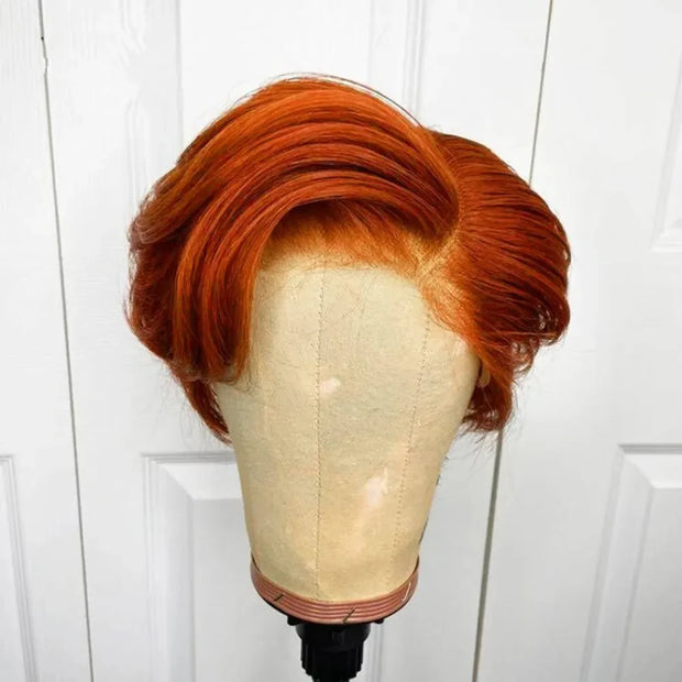 Ginger Pixie Cut Wig Short Bob Wig Highlight Side Part Transparent Lace Wig Pre plucked Straight Human Hair Wigs For Women 180%